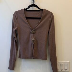 Brown Long Sleeve Cardigan with Floral Buttons